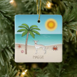 Italienischer Grauschwund im Tropical Summer Beach Keramikornament<br><div class="desc">Desteis originelle Cartoon-Illustration einer niedlichen Creme Farbe Italienische Greyhound / Iggy Rasse Hund stehend in einer tropischen Sommer Strand-Szene. Der beige Sand ist mit einer Palme, einer rosa Muschel, einem Seestern und einer roten Krabbe verziert. Das Wasser ist türkisblau mit einigen Wellen und die Sonne scheint über dem Horizont. Es...</div>