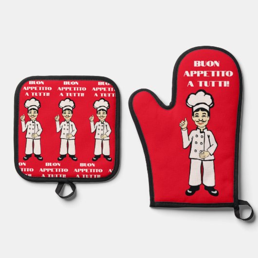 Italienischer Koch-Buon-Appetit Ofenhandschuh & Topflappen-Set (Vorderseite)