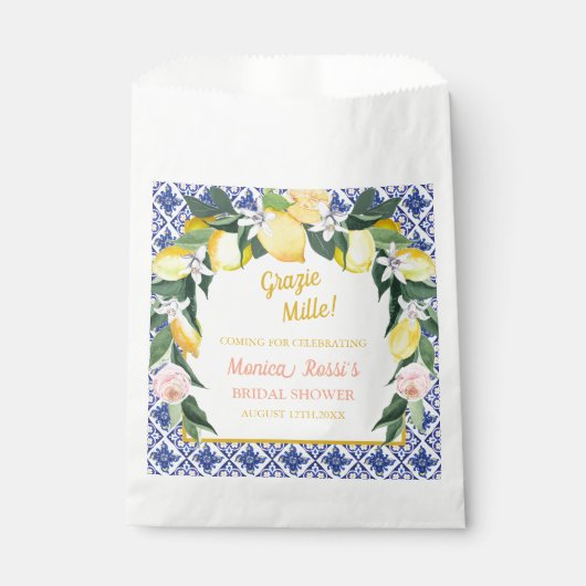 Italienischer Lemon Blue Tiles Grazie Mille Bridal Geschenktütchen (Vorderseite)