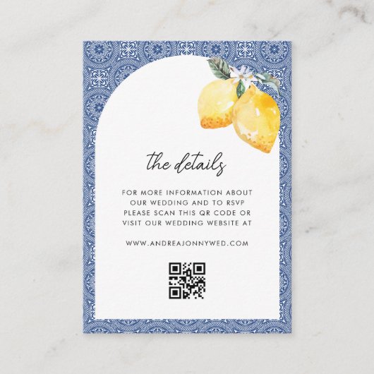 Italienischer Lemon Floral Tile QR Code Hochzeitsd Begleitkarte (Vorderseite)