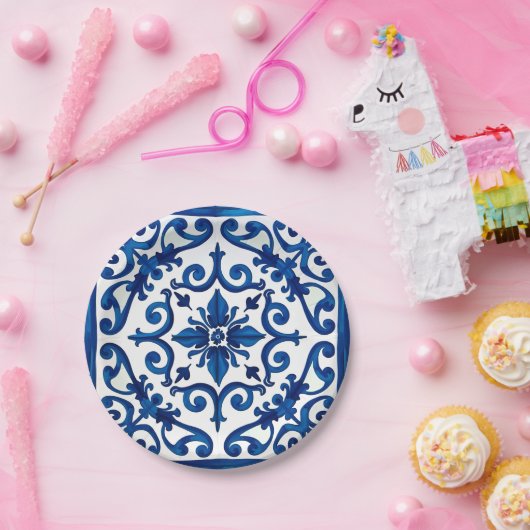 italienischer Stil, mediterran, mosaik, blau, Pappteller (Party)