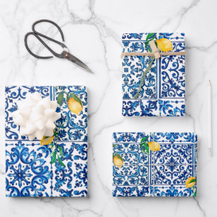 italienischer Stil, mediterran, mosaik, blau, Zitr Geschenkpapier Set