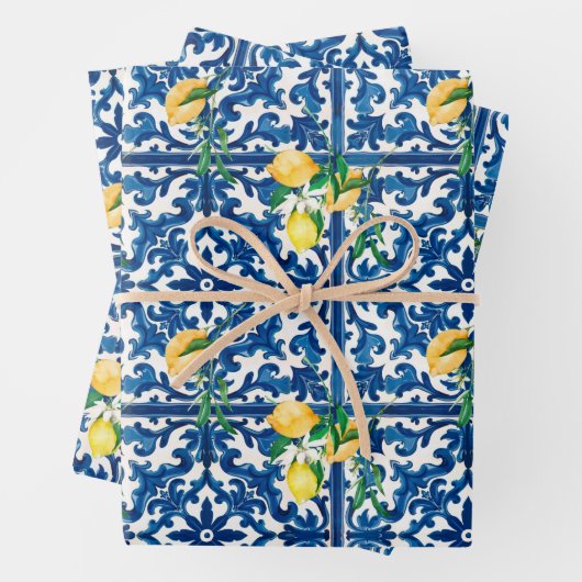 italienischer Stil, mediterran, mosaik, blau, Zitr Geschenkpapier Set (Beispiel)