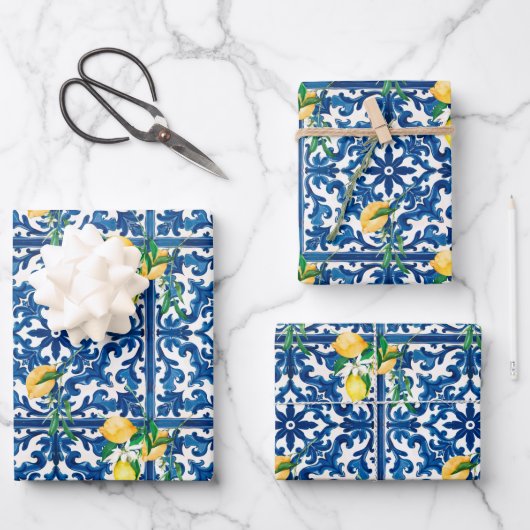 italienischer Stil, mediterran, mosaik, blau, Zitr Geschenkpapier Set (Vorderseite)