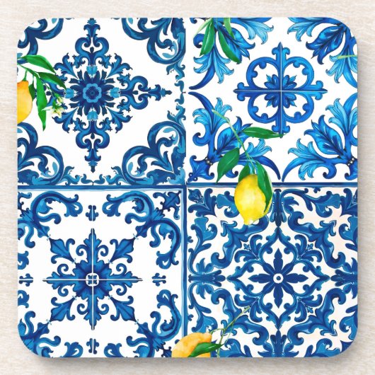 italienischer Stil, mediterran, mosaik, blau, Zitr Getränkeuntersetzer (Vorderseite)