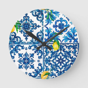 italienischer Stil, mediterran, mosaik, blau, Zitr Runde Wanduhr