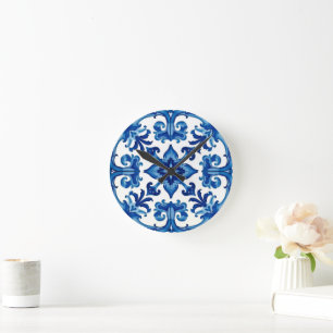 Italienischer Stil, Mittelmeer, Mosaik, blau, Runde Wanduhr
