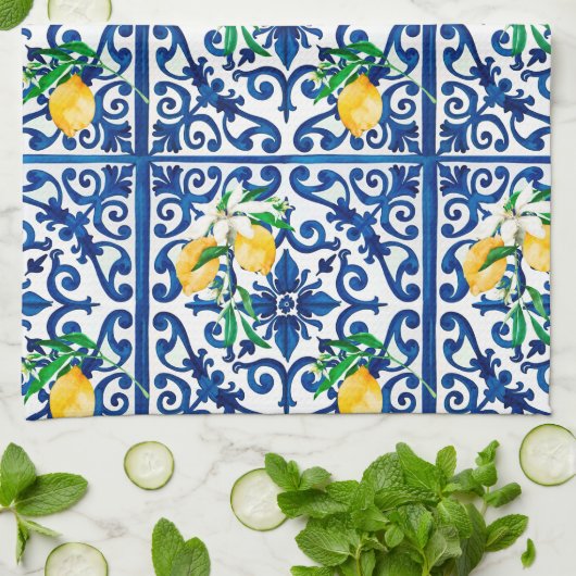 italienischer Stil, Mosaik, Blau, Zitrone, Geschirrtuch (Gefaltet)