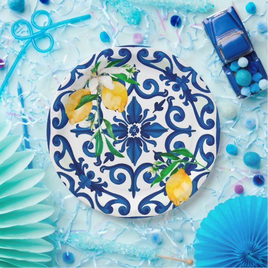 italienischer Stil, Mosaik, Blau, Zitrone, Pappteller (Party)