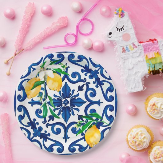 italienischer Stil, Mosaik, Blau, Zitrone, Pappteller (Party)