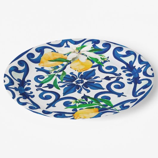 italienischer Stil, Mosaik, Blau, Zitrone, Pappteller (Schrägansicht)