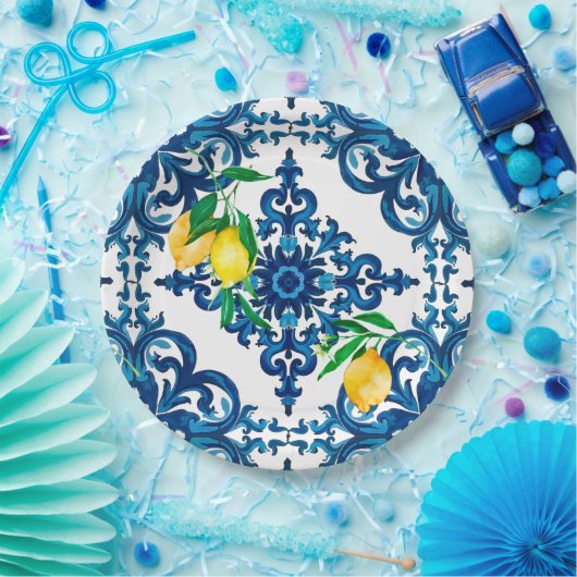 italienischer Stil, Mosaik, Blau, Zitrone, Pappteller (Party)