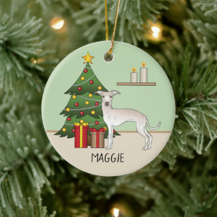 Italienischer Windhund mit Weihnachtsbaum in Creme Keramik Ornament
