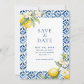 Italienischer Zitrus Lemon Blauer Tile Save the Da Einladung (Vorderseite)