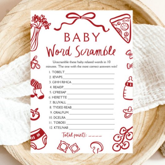 Italienisches Baby Word Scramble Spiel mit der rot Einladung