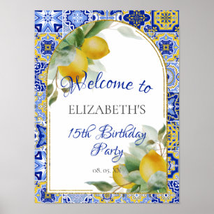 Italienisches blaues Tiles Lemons Aquarell Party W Poster