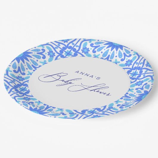 Italienisches Blue Tile Baby Shooting Script Pappteller (Schrägansicht)