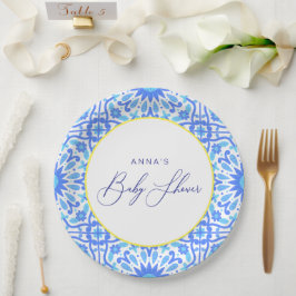 Italienisches Blue Tile Yellow Line Baby Duschskri Pappteller