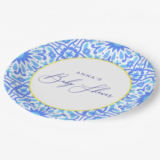 Italienisches Blue Tile Yellow Line Baby Duschskri Pappteller (Schrägansicht)