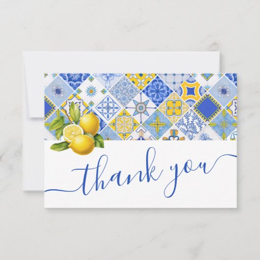 Italienisches Blue Tiles Lemon Summer Brautparty Dankeskarte (Vorderseite)
