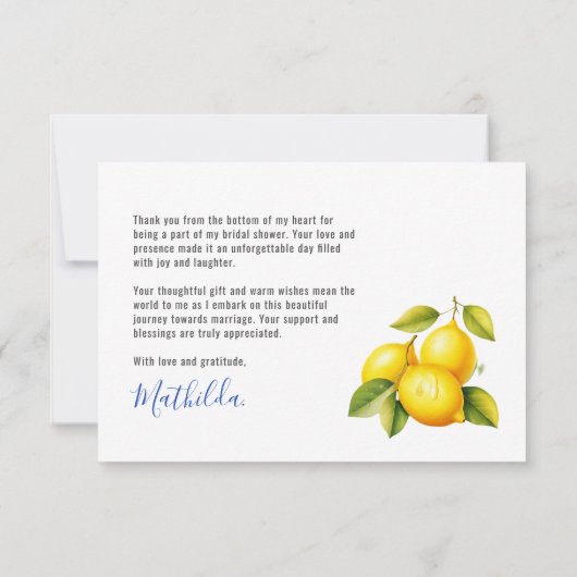 Italienisches Blue Tiles Lemon Summer Brautparty Dankeskarte (Rückseite)