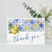 Italienisches Blue Tiles Lemon Summer Brautparty Dankeskarte (Stehend Vorderseite)