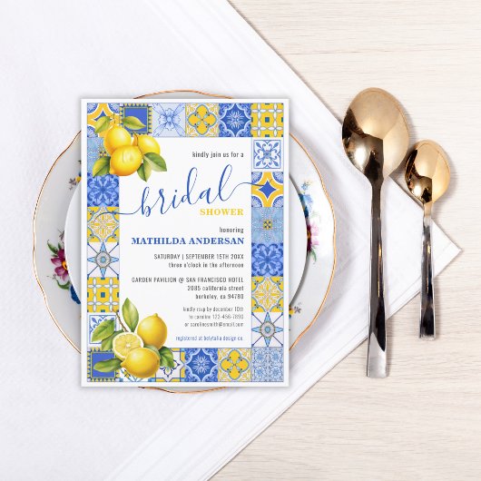 Italienisches Blue Tiles Lemon Summer Brautparty Einladung