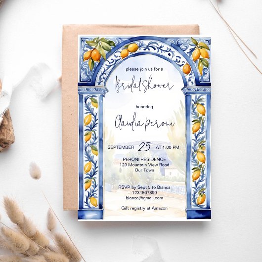 Italienisches Brautparty aus Blauzungenkacheln Einladung