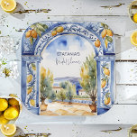 Italienisches Brautparty aus Blauzungenkacheln Pappteller<br><div class="desc">Italienisch Blauer Fliesenbogen Brautparty Geschirr personalisiertes Party Teller,  Aquarellblau Keramiken Bogen Italienische Landschaft mediterrane Brautparty Teller</div>