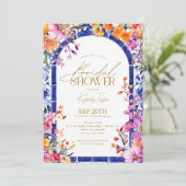 Italienisches Brautparty "Blue Tiles Bright Blume" Einladung (Stehend Vorderseite)