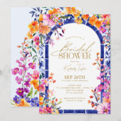 Italienisches Brautparty "Blue Tiles Bright Blume" Einladung (Vorne/Hinten)