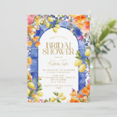 Italienisches Brautparty "Blue Tiles Lemons Blume" Einladung (Stehend Vorderseite)