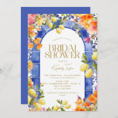 Italienisches Brautparty "Blue Tiles Lemons Blume" Einladung (Vorne/Hinten)