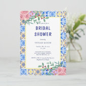 Italienisches Brautparty mit blauer Tasse Einladung (Stehend Vorderseite)