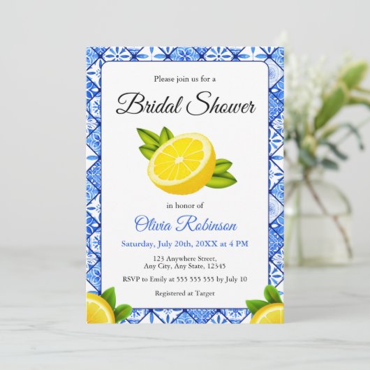 Italienisches Brautparty Tile Lemon Einladung (Stehend Vorderseite)