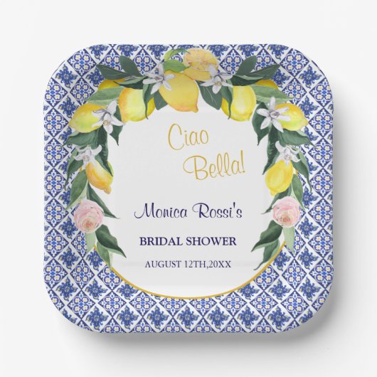 Italienisches Citrus Lemon Blue Tiles Brautparty Pappteller (Vorderseite)