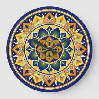 Italienisches Fliesenmuster – Pfauenmotive Majolik Große Wanduhr