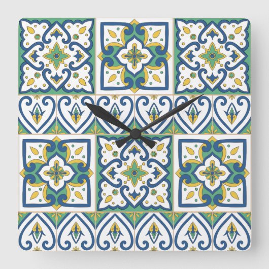 Italienisches Fliesenmuster - sizilianische Kerami Quadratische Wanduhr (Vorderseite)
