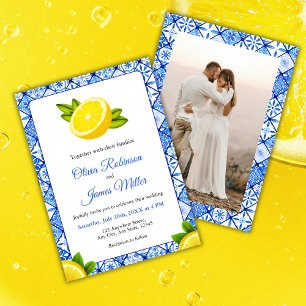 Italienisches Foto Hochzeit am blauen Tile Einladung