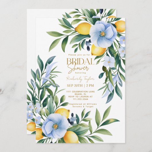 Italienisches Lemon Blue Floral Citrus Brautparty Einladung (Vorne/Hinten)