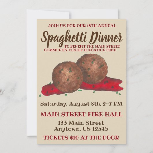 Italienisches Meatballs Spaghetti Wohltätigkeit Ev Einladung (Vorderseite)
