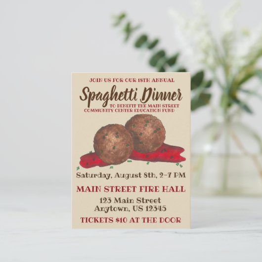 Italienisches Meatballs Spaghetti Wohltätigkeit Ev Einladungspostkarte (Stehend Vorderseite)