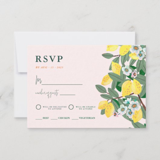 Italienisches Mittelmeer Lemon Pink Wedding RSVP Karte (Vorderseite)