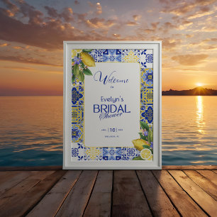 Italienisches Mosaik Blaues Fliesen & Zitronen Bra Poster