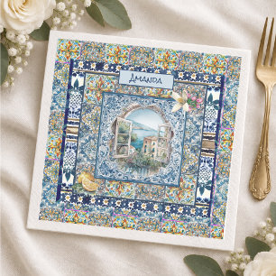 Italienisches Sommerblaues Tile-Zitrus-Monogramm Serviette