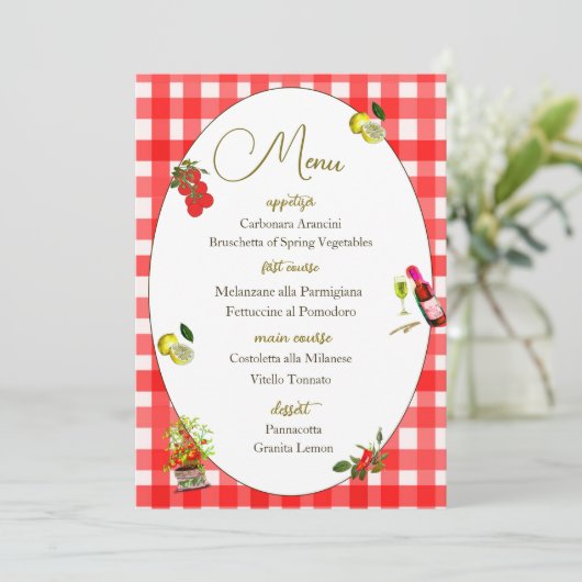 Italienisches Theme Red Pattern Lemon Menü Einladung (Stehend Vorderseite)