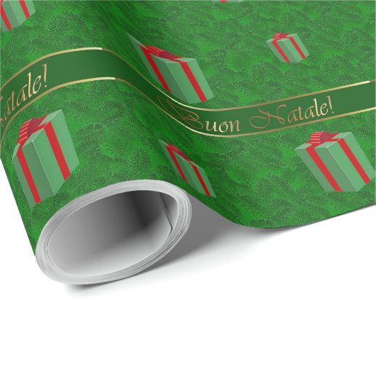 Italienisches Weihnachtsgeschenk verpackt grünes Geschenkpapier (Rolleneckpunkt)
