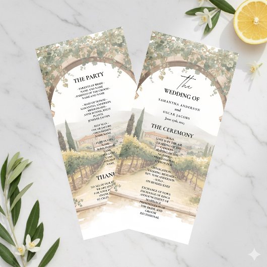 Italienisches Weingut-Hochzeitsprogramm | Toskanis Menükarte