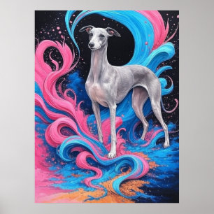 Italienisches Windhund-Zeichnung mit Wasser-Spritz Poster
