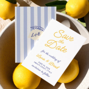 Italienisches Zitronengelb und blau gestreift Save The Date